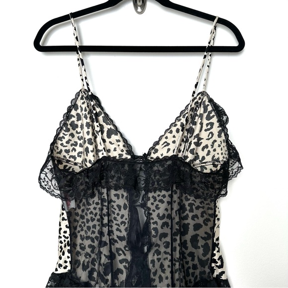 Vintage Coquette Girl Leopard Print Sexy Lace Ruffled Sheer Tie Up Teddy - Picture 8 of 13